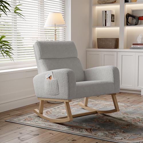 JiaOyu Schaukelstuhl Teddy Velvet, Komfortabler Relaxsessel mit Seitentaschen, Weicher Gepolsterter Schaukelsessel mit Holzrahmen, Stillstuhl Schwingsessel für Wohnzimmer, Schlafzimmer & Balkon von JiaOyu