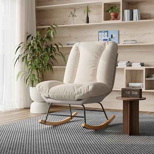 JiaOyu Schaukelstuhl mit Abnehmbares Kissen, Kuscheliger Schaukelsessel mit Hohe Rückenlehne & Stahl-Holz Gestell, Relaxsessel Gepolsterter Schwingsessel für Wohnzimmer, Schlafzimmer (Beige/Leinen-B) von JiaOyu