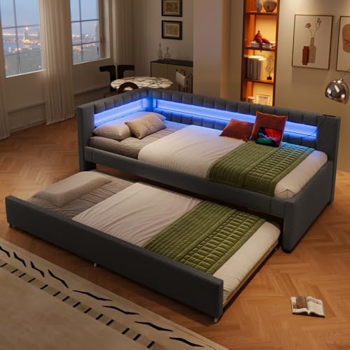 JiaOyu Schlafsofa 90x200 cm, Ausziehbar 2-Sitzer-Sofa mit LED & Lattenrost, Daybett Tagesbett Schlafcouch ideal für Wohnzimmer und Gästezimmer, Ohne Matratze(USB+LED+Grau) von JiaOyu