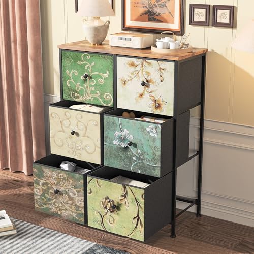 JiaOyu Vintage Kommode mit 7 Stoffschubladen, böhmische Schminktisch TV Schrank, Metallgestell & Holzplatte - hochkommode für Wohnzimmer, Schlafzimmer & Flur (6 Schubladen) von JiaOyu