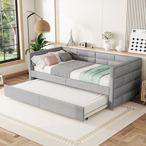 Multifunktionales Schlafsofa 90x200 cm, Ausziehbar 2-Sitzer-Sofa mit Schlaffunktion & Lattenrost, Daybett Tagesbett Schlafcouch ideal für Wohnzimmer und Gästezimmer, Ohne Matratze(Quadratmuster+Grau) von JiaOyu