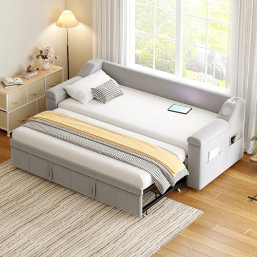Schlafsofa ausziehbar 90/180 x 190 cm, Ausziehbar 2-Sitzer-Sofa mit Schlaffunktion & Lattenrost, Schlafcouch mit USB-Ladeanschluss und Ablagefächern ideal für Wohnzimmer und Gästezimmer(USB+Hellgrau) von JiaOyu