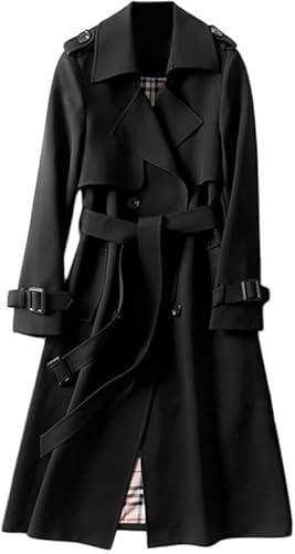JiaWell Damen Trenchcoat Zweireiher Langer Mantel Winddichter Jacke Cardigan Wintermantel Einfarbig Revers Damenmantel Windjacke Übergangsmantel mit Taschen mit Knöpfen(Black,L) von JiaWell