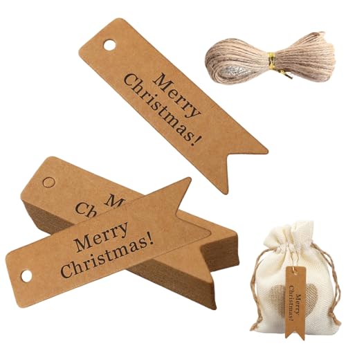 Frohe Weihnachts-Etiketten, 100 Stück Kraftpapier-Etiketten, Weihnachtsgeschenkanhänger, 2 x 7 cm, hängende Dekoration mit Jute-Schnur von JiaYiXu