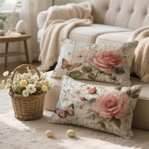 Outdoor Kissen Wetterfest 2er Set, Kissenbezug 50x70 Beige Kissenbezüge, Rechteckige Kissen Rosa Outdoorkissen Weiche Leinen Kissen mit Verstecktem Reißverschluss Dekokissen Kopfkissenbezug I-24 von Jiacgrtef