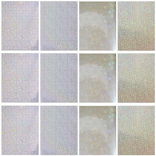 12 Blatt Holografische Aufkleber, Transparente Holografische Laminatfolie Wasserdichtes Vinyl-Overlay A4 Größe Selbstklebende Aufkleber, 4 Stile, für DIY Dekoration von Jiakalamo