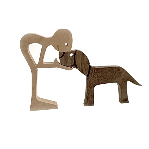 Jiakalamo Holz-Skulptur-Ornamente, Familienwelpen, Holzschnitzerei, handgeschnitztes Naturholz, Haustierhund, Familienhandwerk für Zuhause, Büro, Schreibtisch (Mann und Hund) von Jiakalamo