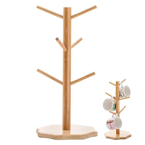 Jiakalamo Tassenständer Holz, Bambus Hölzerne Becherhalter Brezelständer Baumbecherhalter Tasse Rack, mit 6 Haken Tasse Anzeige ordentliche Tischplatte Bambus Baum Form Becherhalters von Jiakalamo