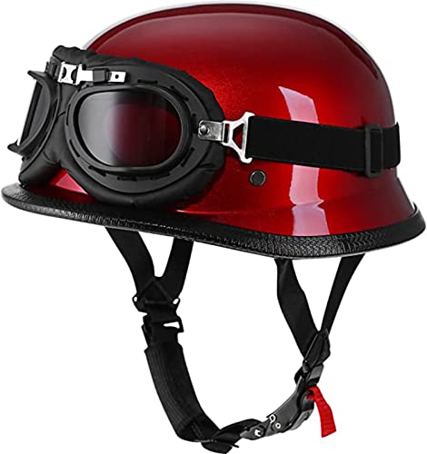 Deutscher Motorrad-Halbgesichtshelm, DOT/ECE-Geprüfter Kappen-Halbschalenhelm + Brille Retro-Helm Mit Offenem Gesicht Und Verstellbarer Schnellverschlussschnalle Für Cruiser C, L=59-60CM von JianJud