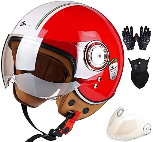 Jethelm Mit Visier, ECE-Zugelassener Vespa-Helm 3/4-Motorrad-Crash-Jet-Helm, Retro-Mopedhelm Für Erwachsene Für Männer Und Frauen D,M=57-58CM von JianJud