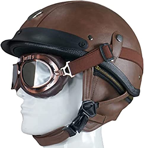Leder-Halbschalen-Jet-Helm, Motorrad-Halbhelm, ECE-zugelassener Lederhelm mit Retro-Vintage-Stil, ABS-Materialetui A,L von JianJud