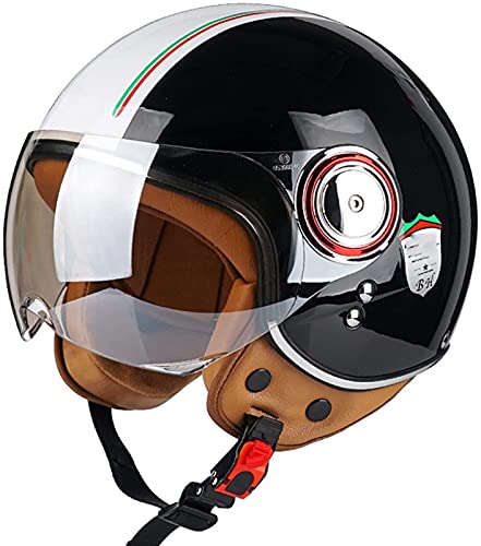 Sommer Vintage Motorrad Open Face Helm Vintage Roller Helm Damen Herren Retro Elektrischer Halbhelm Mit Sonnenblende Vespa Jet-Helm Für Cruiser Motobike DOT Approved A,L von JianJud