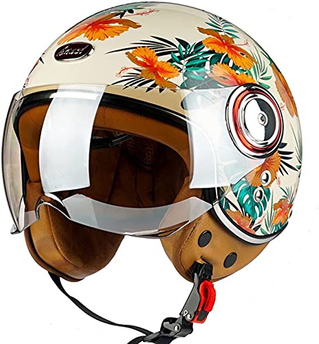 Sommer Vintage Motorrad Open Face Helm Vintage Roller Helm Damen Herren Retro Elektrischer Halbhelm Mit Sonnenblende Vespa Jet-Helm Für Cruiser Motobike DOT Approved G,L von JianJud