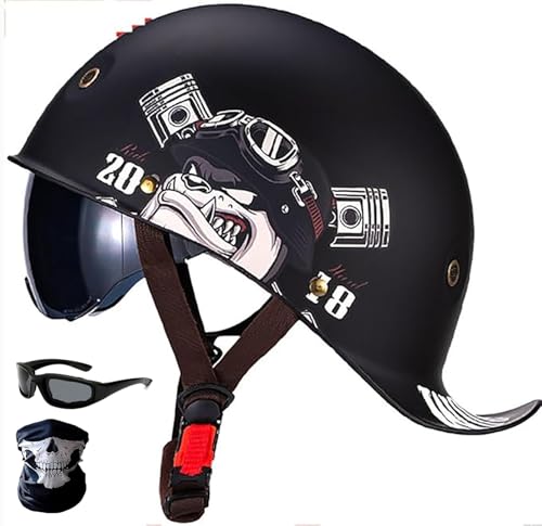 Vintage Half Hel-Met Baseball Cap Im Deutschen Stil Motorrad Hel-Met Half Skull Cap Cool Open-Face, DOT Approved Low Profile Moped Cruiser Scooter Hel-Met A1,M/(55~57cm) von JianJud