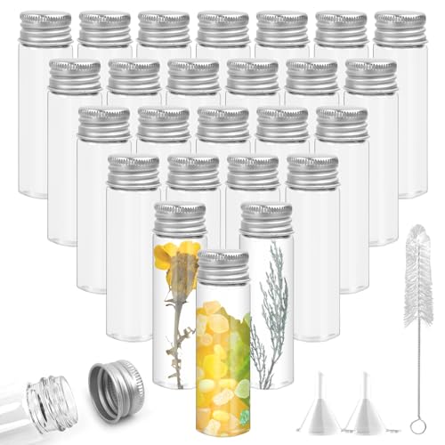 JiangLin 40 Stück Reagenzgläser mit Schraubverschluss Aus Aluminium,20ml kleine Glasflasche Glas,Klare Flüssigkeitsprobe Fläschchen Flaschen mit 2 Trichter und Reinigungsbürste,Tierhaar-Gedenkflasche von JiangLin