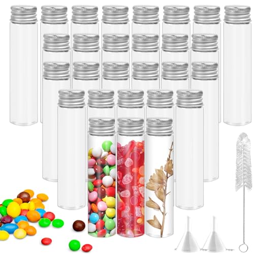 JiangLin 40 Stück Reagenzgläser mit Schraubverschluss Aus Aluminium,25ml kleine Glasflasche Glas,Klare Flüssigkeitsprobe Fläschchen Flaschen mit 2 Trichter und Reinigungsbürste,Tierhaar-Gedenkflasche von JiangLin