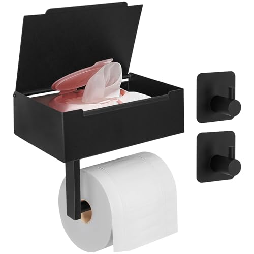 JiangLin Edelstahl Toilettenpapierhalter Ohne Bohren, Klopapierhalterr Schwarz mit Feuchttücherbox, Selbstklebend WC Papier Halterung mit 2 Klebehaken Wandmontage klorollenhalter Für Badezimmer von JiangLin