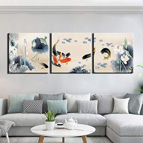 3 Stück Fisch Koi Karpfen chinesischen Stil Wandkunst Wohnzimmer Dekor - Gemälde auf Leinwand Feng Shui Gemälde für Leinwand Kunst 60x60cmx3pcs Kein Rahmen von Jianghu Art