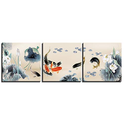 3 Stück Fisch Koi Karpfen im chinesischen Stil Gemälde auf Leinwand Feng Shui Gemälde für Wohnzimmer Leinwand Kunst Dekorationen 60x60cmx3pcs Kein Rahmen von Jianghu Art