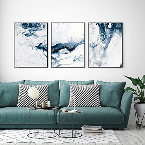 Abstrakte Poster Drucke Ocean Navy Blue & White Kunstdrucke Leinwand Malerei Wandkunst Bilder für Wohnzimmer Wohnkultur 40x50cm (16x20in) x3 Mit Rahmen von Jianghu Art