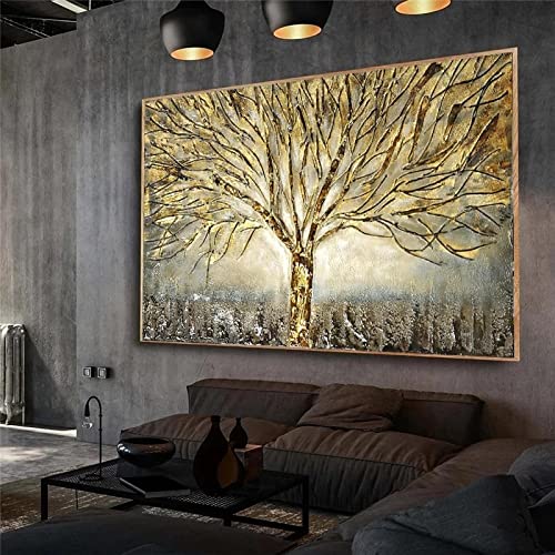 Abstrakter goldener Lebensbaum Landschaft Poster gerahmte Leinwand Malerei Wand Kunstdrucke Bild für Wohnzimmer moderne Wohnkultur 70x115cm(28x45in) mit Rahmen von Jianghu Art