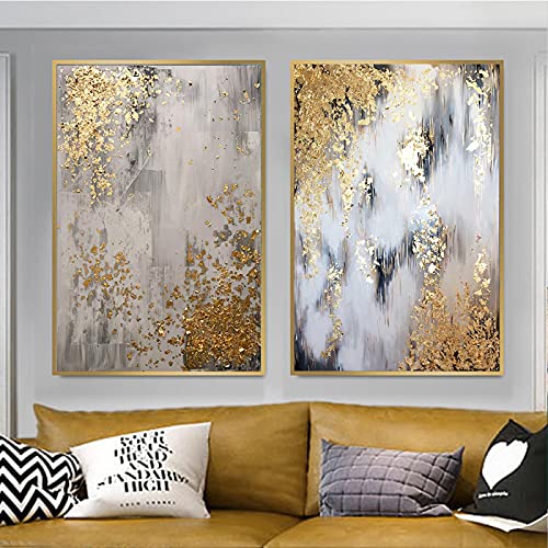 Abstraktes Blattgold Wohnkultur für Wohnzimmer Goldenes Ölgemälde Abstrakte Wandkunst Goldener Baum Poster und Druck 70x100cm (28x39in) x2 mit Rahmen von Jianghu Art