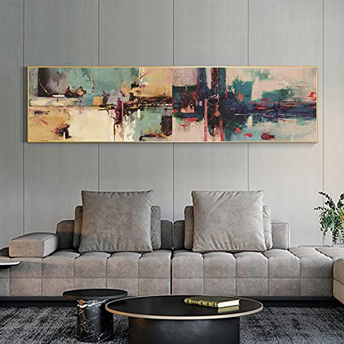Abstraktes Ölgemälde auf Leinwand Wandkunst Golden Blau und Schwarz Bilder für Wohnzimmer Kunstwerk Nachttischdekoration 40x120cm (16x47in) Mit Rahmen von Jianghu Art