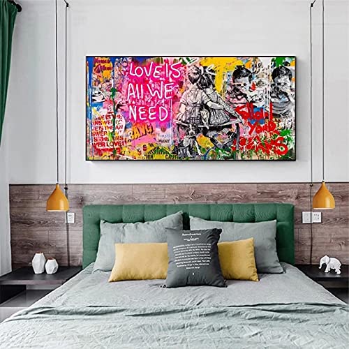 Jianghu Art Banksy Art Love Is All We Need Leinwand Poster und Drucke Graffiti Street Cuadros Gemälde Wandkunst Bilder zur Dekoration 70x140cm (28x55in) Mit Rahmen von Jianghu Art