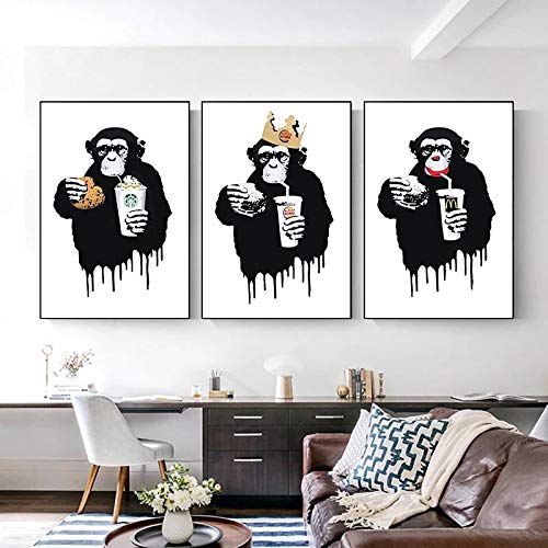 Brainwash Banksy Graffiti Fast Food Affe Wandkunst Bilder, Leinwand Malerei Poster Drucke für Wohnzimmer Wanddekor 30x42cmx3pcs Kein Rahmen von Jianghu Art