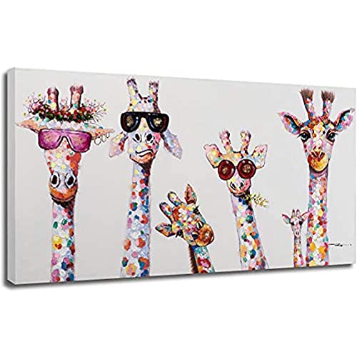Giraffe Leinwand Malerei Dekorative Gemälde Kunst Bunte Öl Tier Giraffe Eine Familie Mit Brille Leinwand Bild Dekor 85x170cm (33x67in) Mit Rahmen von Jianghu Art