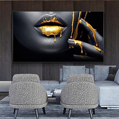 Große Größe Schwarze Frauen mit Goldenen Sexy Lippen Ölgemälde auf Leinwand Moderne Pop Art Wandbilder Living Roon Decor 60x122cm (24x48in) Mit Rahmen von Jianghu Art
