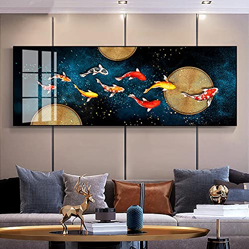 Große Größe Wand Dekorative Malerei Auf Leinwand Chinesischen Stil Koi Poster Neun Fische Illustration Feng Shui Karpfen Lotus Teich Dekor 60x180cm (24x71in) Mit Rahmen von Jianghu Art