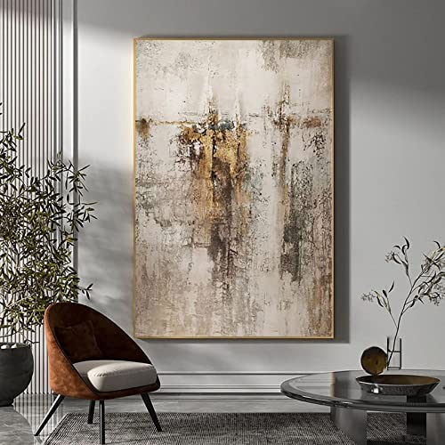 Große gerahmte Wandkunst, beige, goldbraun, abstrakte Kunst, Gemälde für Wohnzimmer, beige, graue Malerei, skandinavische Wandkunst, 65 x 100 cm (26 x 39 Zoll) mit Rahmen von Jianghu Art