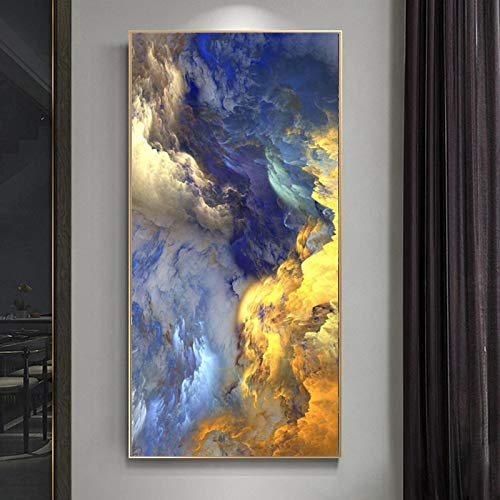 Großes abstraktes goldenes und blaues Wolken-Leinwandgemälde mit goldenen Rahmen, Poster und Drucke, Wandkunst, Bilder für die Wanddekoration, 85 x 170 cm (34 x 68 Zoll) mit Rahmen von Jianghu Art