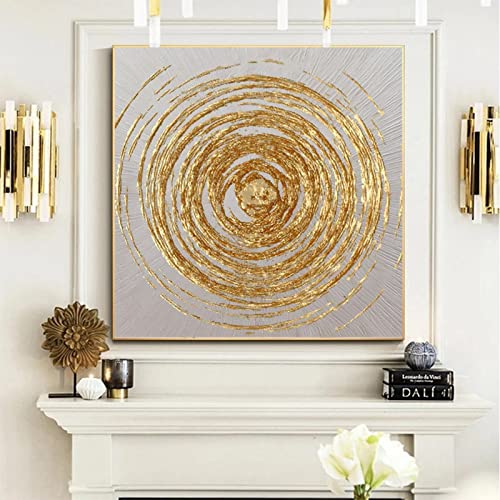 Großes goldenes Kreis-Ölgemälde auf Leinwand, Mode, abstrakt, original, minimalistisch, Blattgold, gerahmt, Wandkunst, Wohnzimmer, 70 x 70 cm (28 x 28 Zoll) mit Rahmen von Jianghu Art