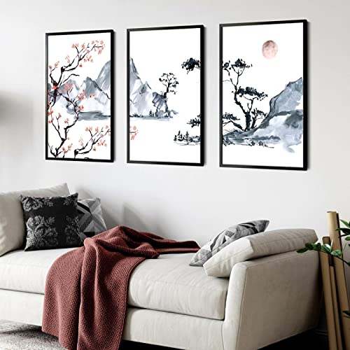 Japandi Stil Landschaft Poster Blumen Leinwand Dekoration Malerei Schwarzer Rahmen Druckt Wandkunst Bilder Für Wohnzimmer 60x80cm(24x32in)x3 Mit Rahmen von Jianghu Art