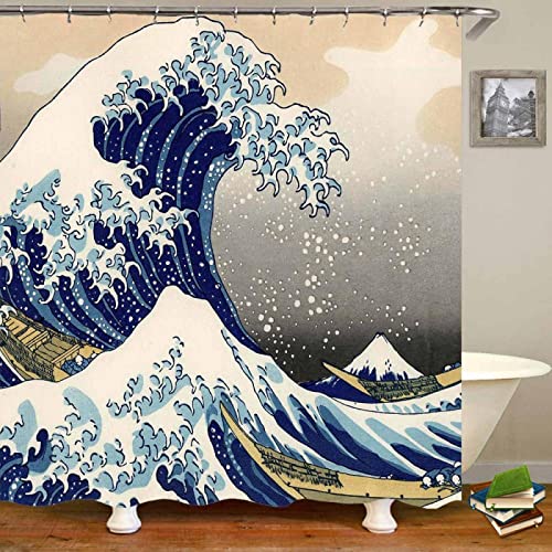 Japanische Kunst The Great Wave Badvorhang Badezimmerdekor – Duschvorhang Lustiges stilvolles Ukiyo Hokusai-Gemälde 127 x 198 cm (BxH) von Jianghu Art