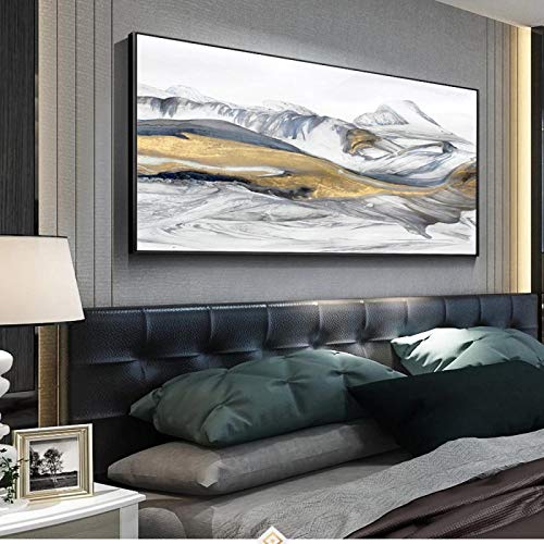 Jianghu Art Abstraktes goldenes Berg-Leinwandgemälde, große moderne Landschaftsposter und Drucke, gerahmtes Wandkunstbild für Wohnzimmer, 70 x 143 cm (28 x 56 Zoll) mit Rahmen von Jianghu Art