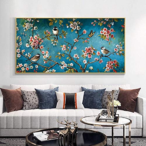 Jianghu Art Blumen und Vögel auf dem Baum Leinwand Gemälde Landschaft Poster und Drucke Wandkunst Bilder mit goldenem Rahmen für die Wanddekoration 60 x 132 cm (24 x 52 Zoll) mit Rahmen von Jianghu Art