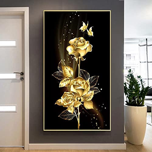 Jianghu Art Goldene Rose Schwarzer Hintergrund Wandkunst Große Große Leinwand Wandkunst Gemälde Moderne Wunderbare Blumen Luxus Poster Bilder 70x140cm/(28x55inch) mit Rahmen von Jianghu Art