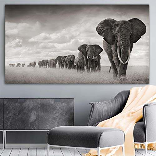 Jianghu Art Große Poster Drucke Schwarz Weiß Afrika Elefanten Tiere Leinwand Malerei Skandinavien Riesige Wandkunst Bilder 75x150cm (30x59in) Mit Rahmen von Jianghu Art