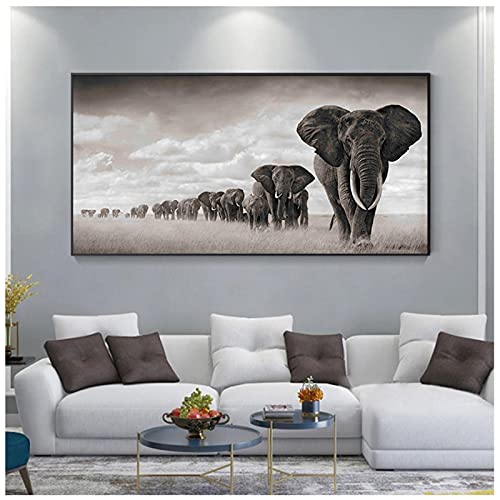Jianghu Art Große dekorative gerahmte Wandbilder für Wohnzimmer Drucke Schwarzafrika Elefanten Wilde Tiere Leinwand Gemälde 90x160cm(35x63in) mit Rahmen von Jianghu Art