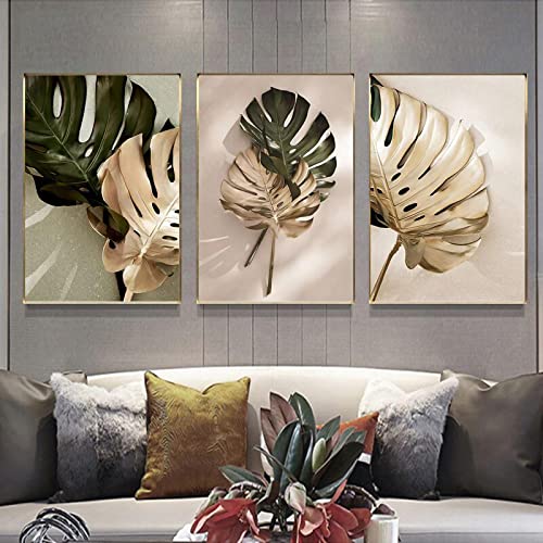 Jianghu Art Grünes Blattgold Wandkunst Skandinavisches Bild – Leinwand Gemälde mit Rahmen Abstraktes Poster Wohnzimmer Wohnkultur 50x70cm(20x28in) x3 mit Rahmen von Jianghu Art