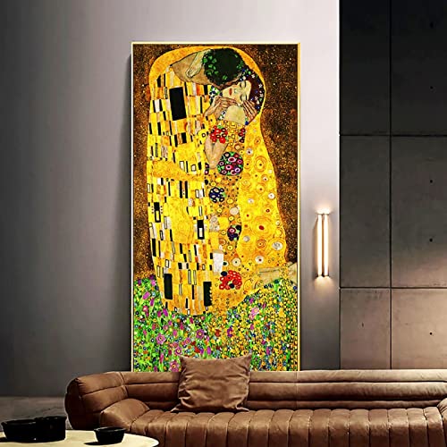 Jianghu Art Gustav Klimt Der Kuss Klassische Ölgemälde Druck auf Leinwand Berühmte Poster Übergroße Bilder für moderne gerahmte Wohnzimmer 60 x 130 cm (24 x 51 Zoll) mit Rahmen von Jianghu Art