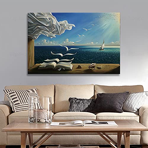 Jianghu Art Salvador Dali The Waves Buch Segelboot Room Decor Ölgemälde auf Leinwand Poster und Drucke Gerahmte Wandkunst Bilder 90x120cm (35x47in) Mit Rahmen von Jianghu Art