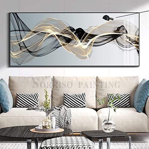 Jianghu Art Schwarz Gelbe Linien Große Wandmalerei Moderne Leinwand Abstrakter Posterdruck Veranda Dekor Gerahmte Wandkunst Bilder 35x79cm(14x31in) mit Rahmen von Jianghu Art