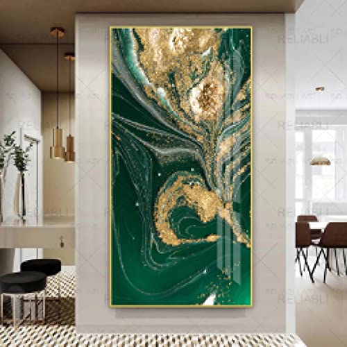 Jianghu Art Übergroße abstrakte goldene grüne Poster gerahmte Wandkunstbilder Eingang Gemälde Leinwanddrucke für Wohnzimmer 85 x 170 cm/(34 x 68 Zoll) mit Rahmen von Jianghu Art