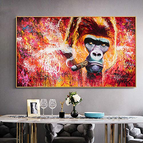 Leinwandbild mit Graffiti-Gorilla-Street-Art-Motiv, Leinwanddruck, Tierbilder für Wohnzimmer, moderne Dekoration, 70 x 140 cm, mit Rahmen von Jianghu Art