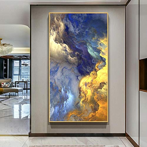 Moderne Kunst Abstrakte Goldene und Blaue Wolke Nebel Nordic Wandkunst Leinwand Poster und Drucke Bild für Wohnzimmer Dekor 75x150cm (30x59in) Mit Rahmen von Jianghu Art