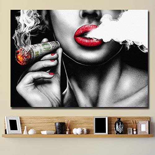 Moderne POP Art Sexy Girl Smoking A Cigar Ölgemälde auf Leinwand Poster und Drucke Wandkunst Bilder Für Wohnzimmer 80x120cm (32x47in) Mit Rahmen von Jianghu Art